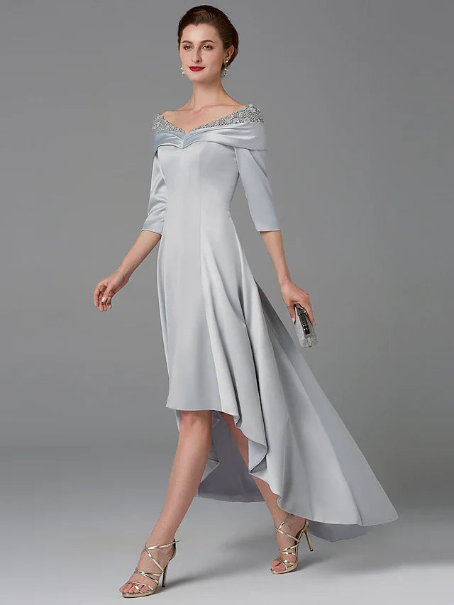 Wholesale A-Line Mother of the Bride Dress Sparkle & Shine High Low Off Shoulder Asymmetrical Satin Half-Sleeve with Lace Crystals